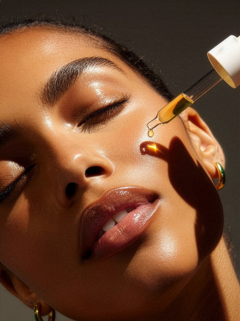 Woman putting gold Beta-Glucan natural facial oil from a dropper onto her cheek.